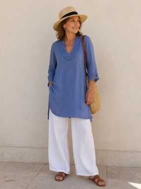 Via Signoria Italian Linen100% Tunic in Dusty Blue